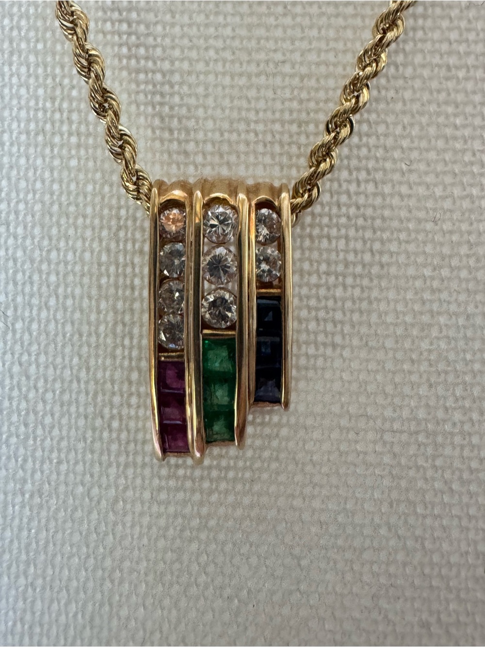 80s slide pendant Gold 9x 2mm Genuine Diamonds 18K, rubies, emeralds, sapphires